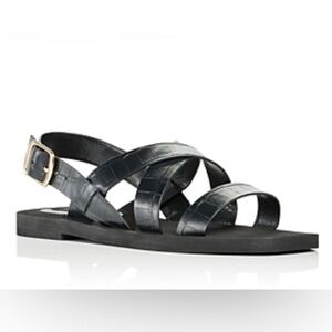 Aqua Rai Croc Embossed Leather Flat Slingback Sandals Black Size 6.5